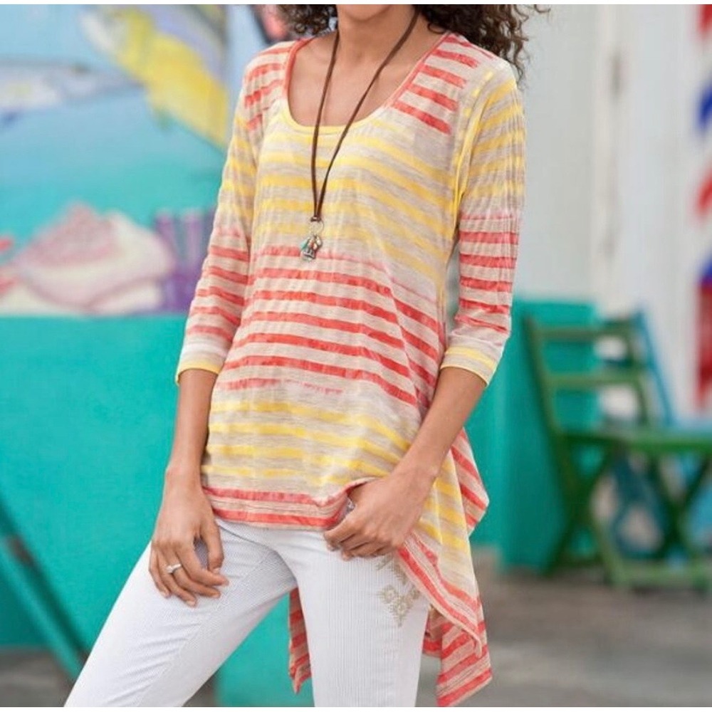 Sundance S Mystic Striped Sharkbite Hem Tunic Top Handkerchief Red Yellow Small
